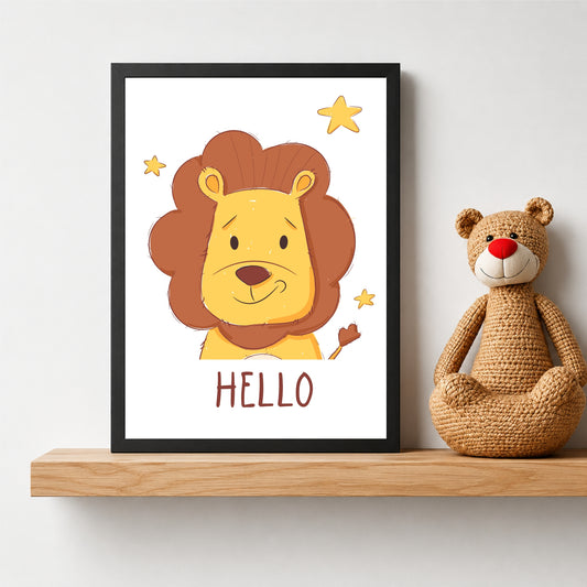 Hello Lion Wall Art | Cute Safari Nursery Animal Print