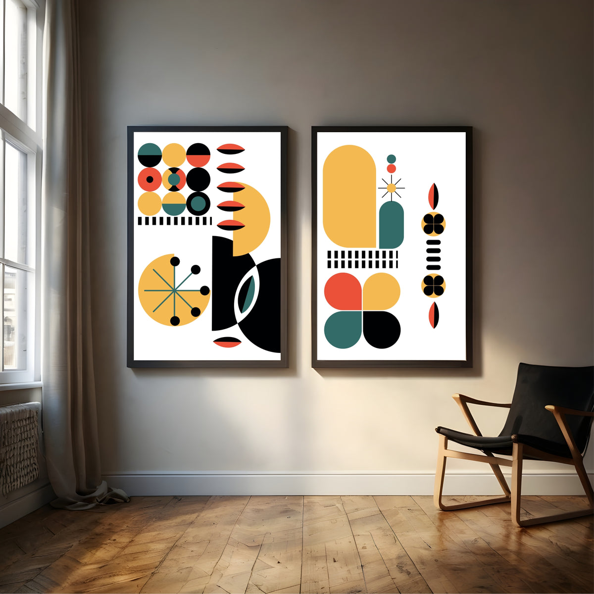 Mid Century Modern Geometric Wall Art Set of 2 | Abstract Color Block Prints
