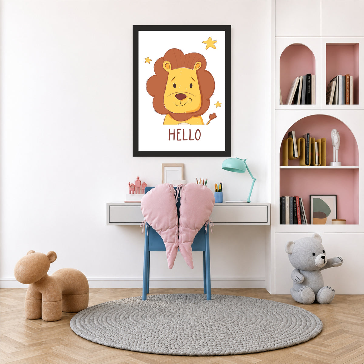 Hello Lion Wall Art | Cute Safari Nursery Animal Print