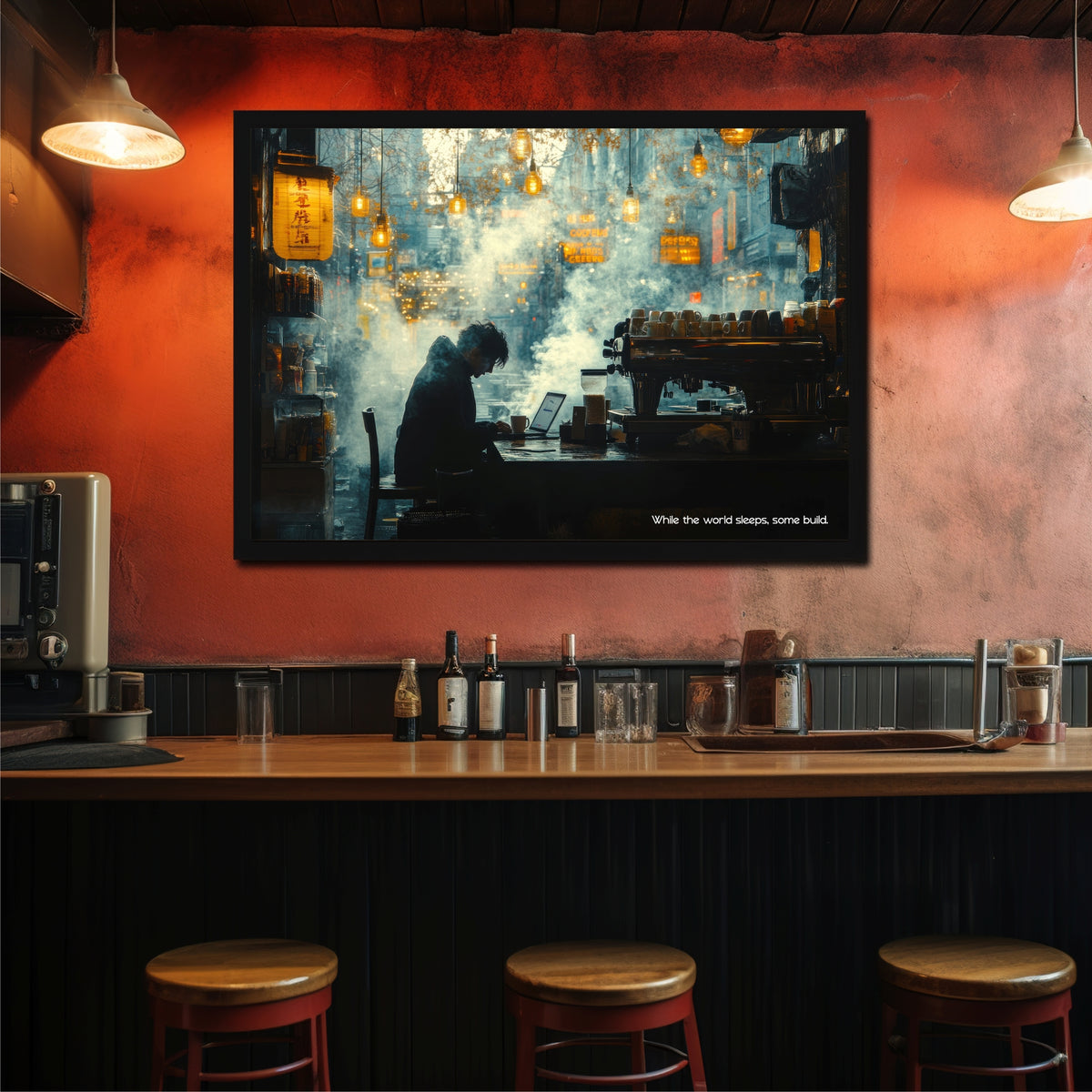 While the World Sleeps Some Build Wall Art | Late Night Coffee Canvas Print | Modern Café Decor
