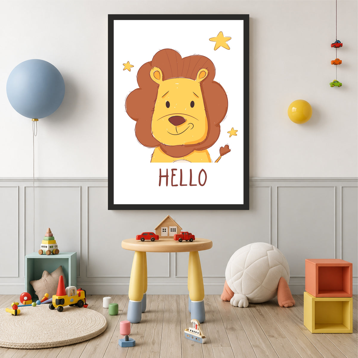 Hello Lion Wall Art | Cute Safari Nursery Animal Print