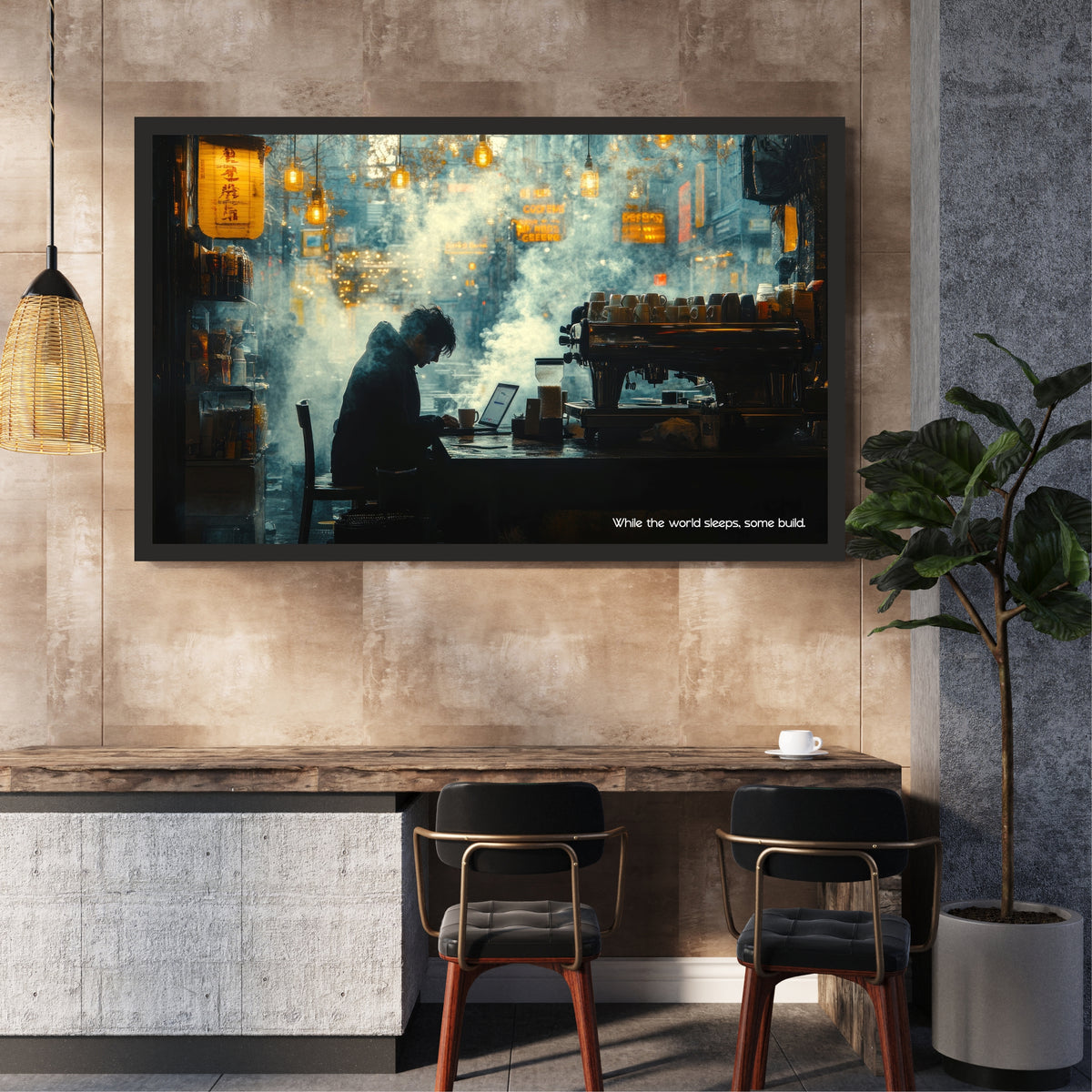 While the World Sleeps Some Build Wall Art | Late Night Coffee Canvas Print | Modern Café Decor