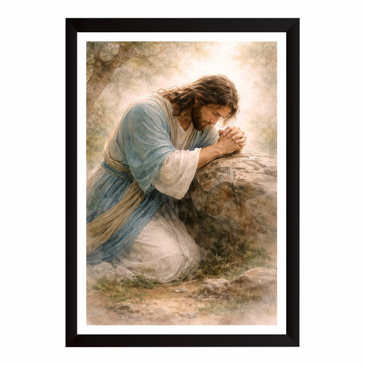 Jesus Praying in the Garden of Gethsemane Wall Art | Prayer at Gethsemane Christian Canvas Print | Inspirational Religious Wall Decor | Watercolor Jesus Artwork
