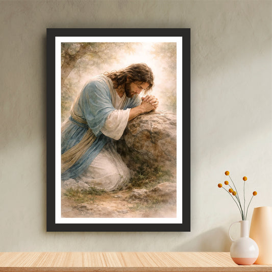 Jesus Praying in the Garden of Gethsemane Wall Art | Prayer at Gethsemane Christian Canvas Print | Inspirational Religious Wall Decor | Watercolor Jesus Artwork