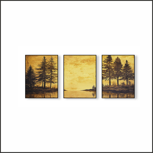 Golden Serenity Forest Wall Frame Set – Nature’s Luxury Art for Modern Interiors