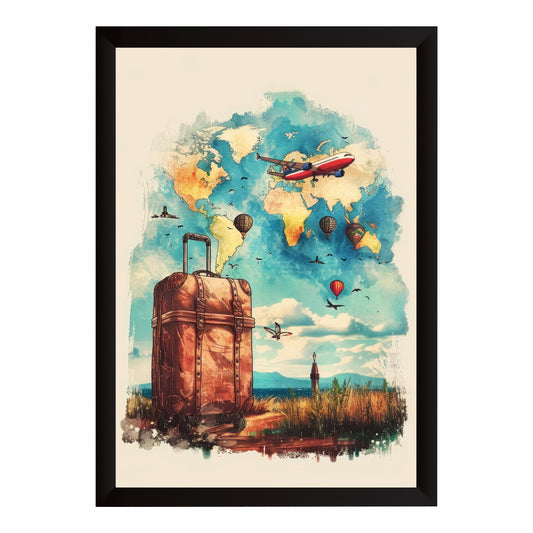 Travel World Map Wall Art | Vintage Suitcase & Airplane Canvas Print | Wanderlust Travel Illustration Poster