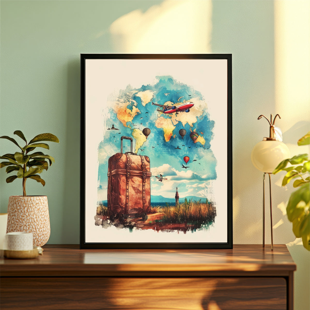 Travel World Map Wall Art | Vintage Suitcase & Airplane Canvas Print | Wanderlust Travel Illustration Poster