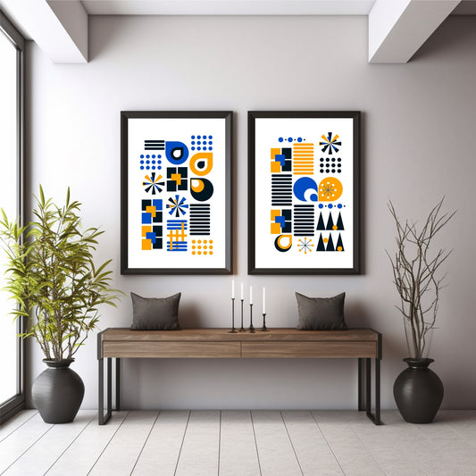 Mid Century Modern Geometric Wall Art Set of 2 | Blue Orange Abstract Prints