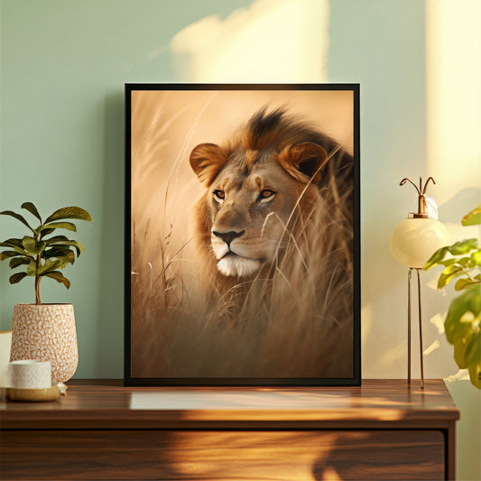 Lion Wall Art | Majestic Lion in Golden Grassland | Framed Wildlife Artwork | Safari Animal Wall Decor
