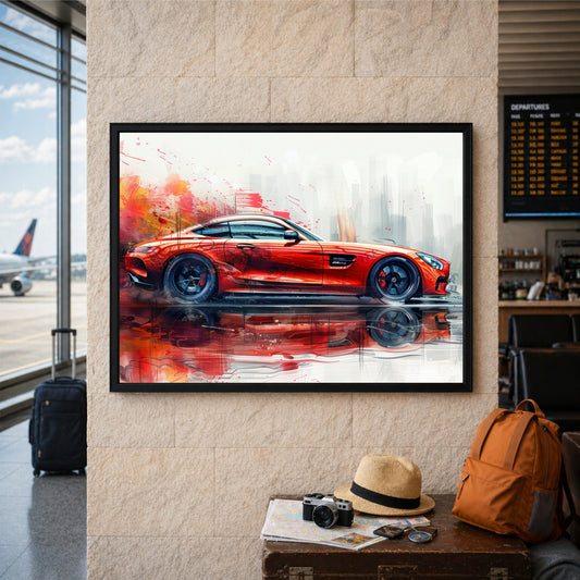 Red Luxury Sports Car Wall Art | Modern Automotive Watercolor Poster