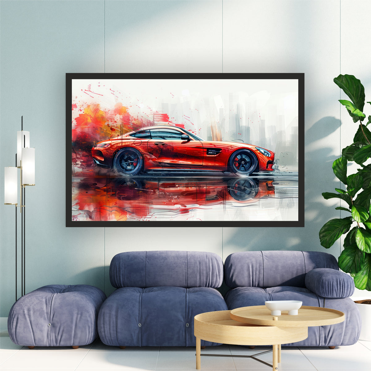 Red Luxury Sports Car Wall Art | Modern Automotive Watercolor Poster