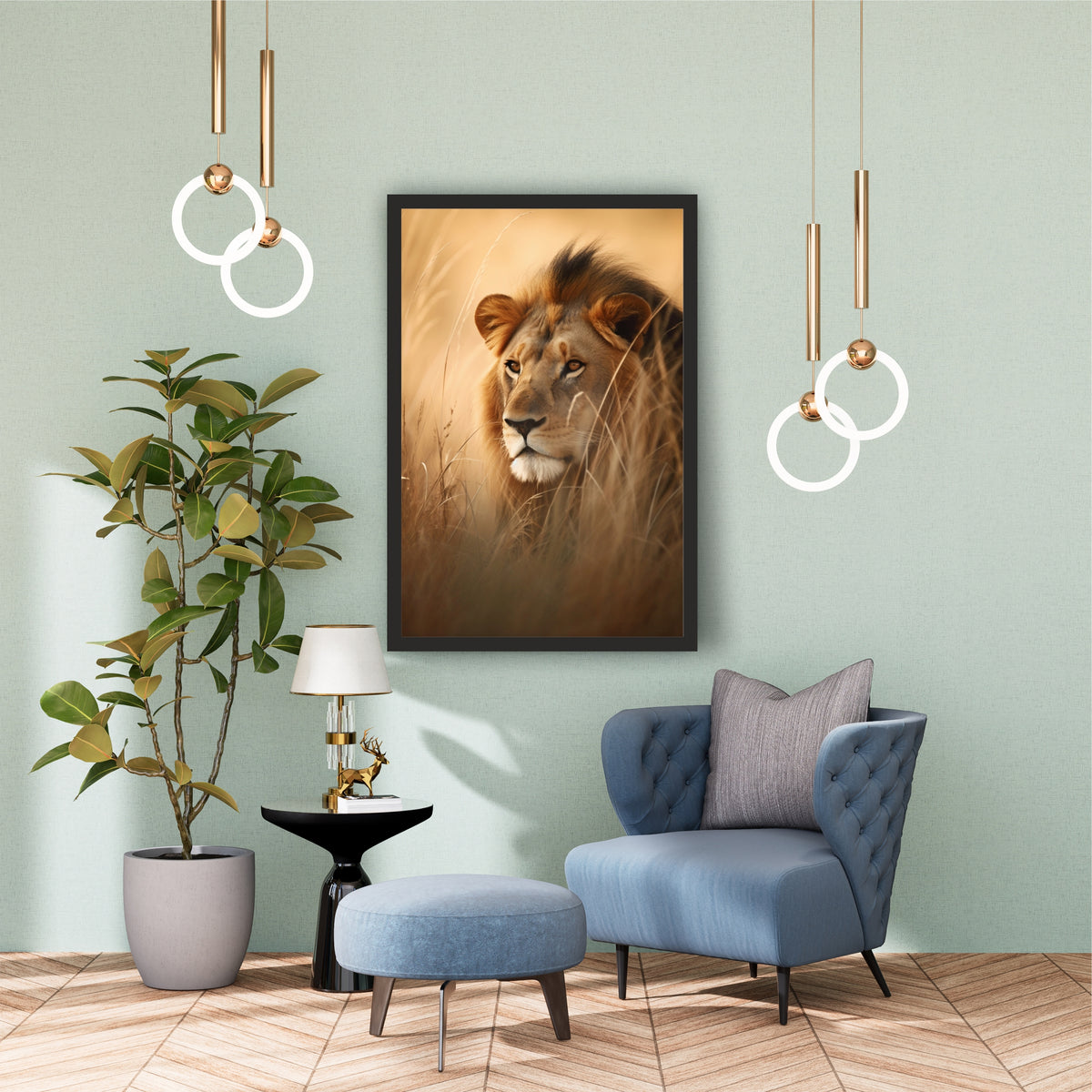 Lion Wall Art | Majestic Lion in Golden Grassland | Framed Wildlife Artwork | Safari Animal Wall Decor