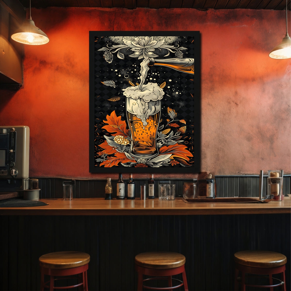 Beer Wall Art | Framed Beer Glass & Hops Artwork | Vintage Brewery Décor | Pub Bar & Man Cave Wall Décor
