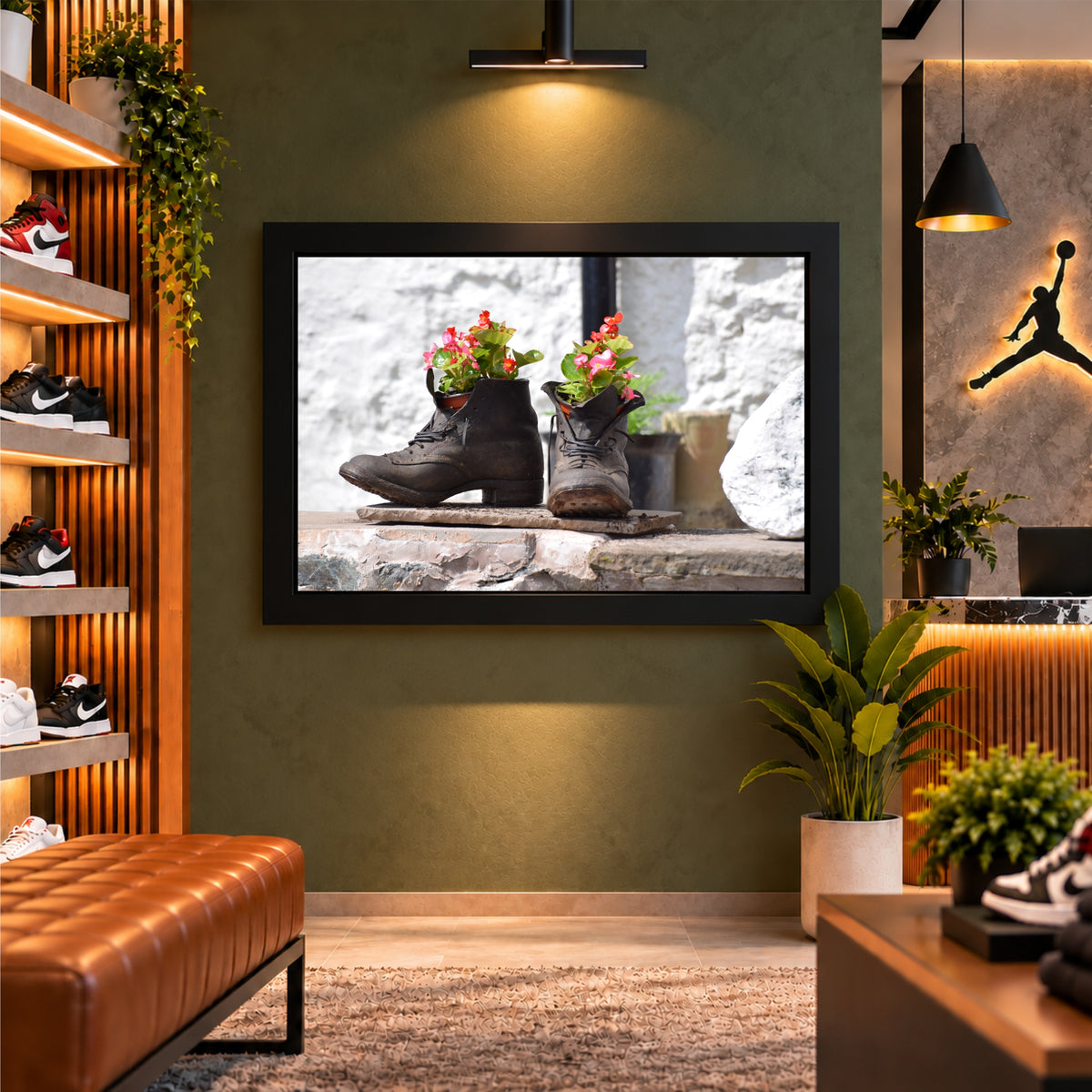 Boots with Flowers Wall Art | Rustic Black Boots Planter Artwork | Floral Footwear Photography | Vintage Garden Wall Decor