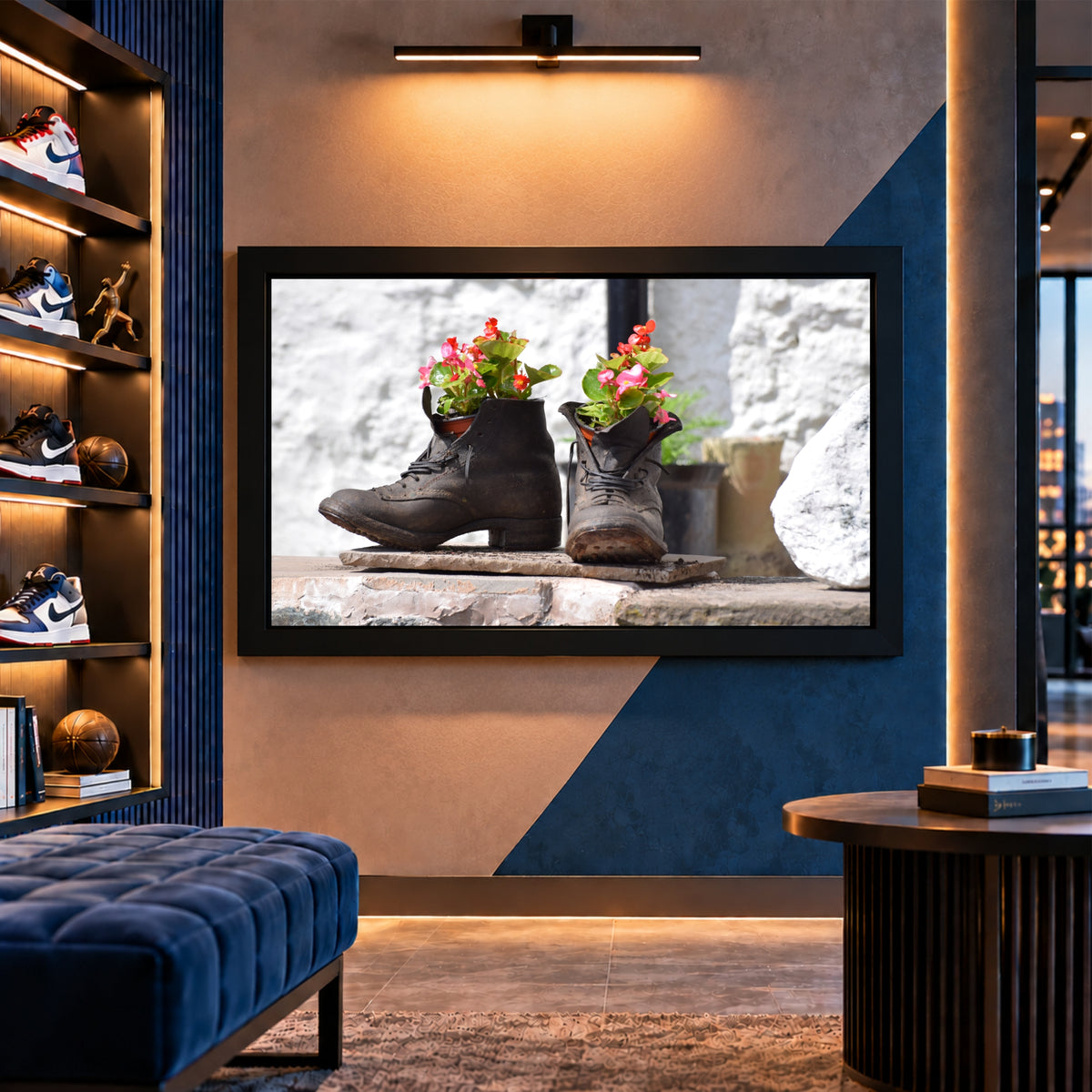 Boots with Flowers Wall Art | Rustic Black Boots Planter Artwork | Floral Footwear Photography | Vintage Garden Wall Decor