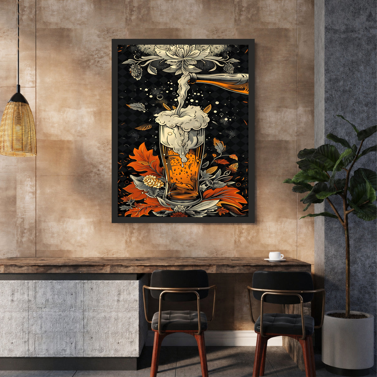 Beer Wall Art | Framed Beer Glass & Hops Artwork | Vintage Brewery Décor | Pub Bar & Man Cave Wall Décor