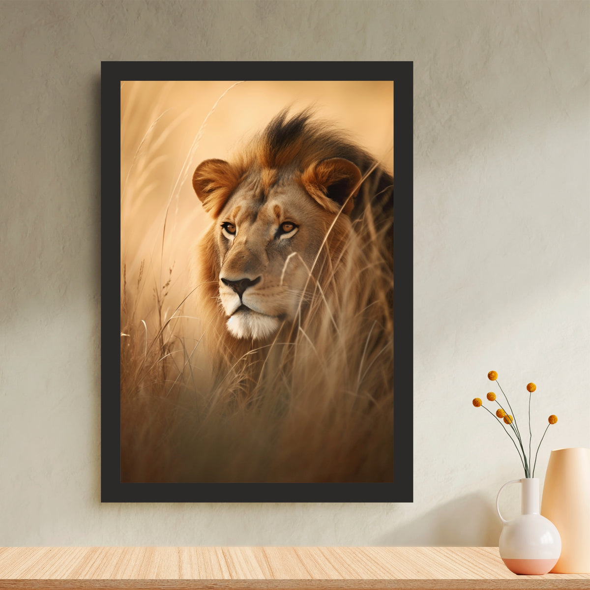 Lion Wall Art | Majestic Lion in Golden Grassland | Framed Wildlife Artwork | Safari Animal Wall Decor