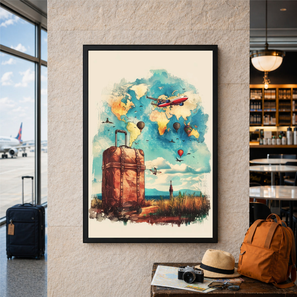 Travel World Map Wall Art | Vintage Suitcase & Airplane Canvas Print | Wanderlust Travel Illustration Poster