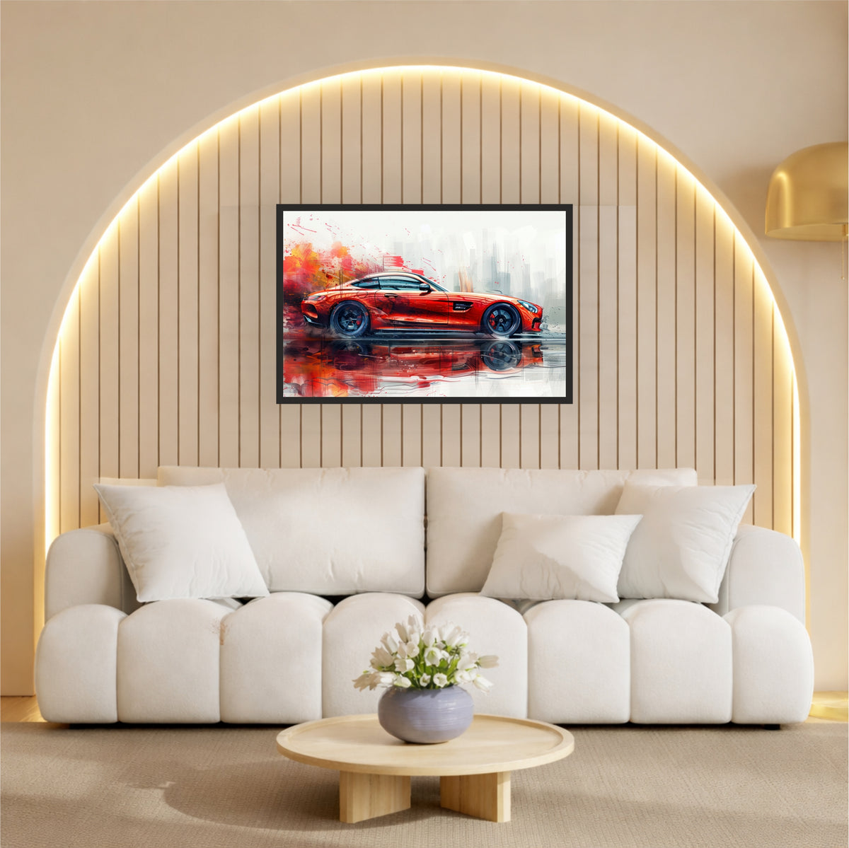 Red Luxury Sports Car Wall Art | Modern Automotive Watercolor Poster