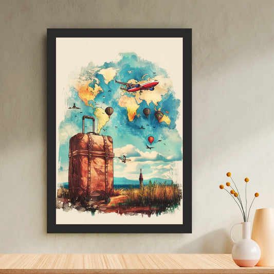 Travel World Map Wall Art | Vintage Suitcase & Airplane Canvas Print | Wanderlust Travel Illustration Poster