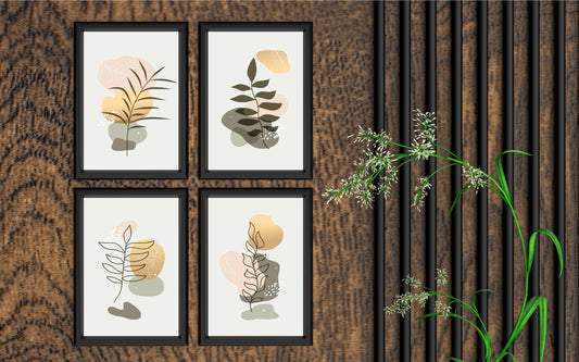 Abstract Botanical Wall Frame Set of 4 – Golden & Green Leaf Art Prints for Modern Home Decor 🍂