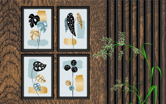 Golden Monstera Abstract Wall Frame Set of 4 – Modern Botanical Art for Living Room, Bedroom & Office 🌿✨