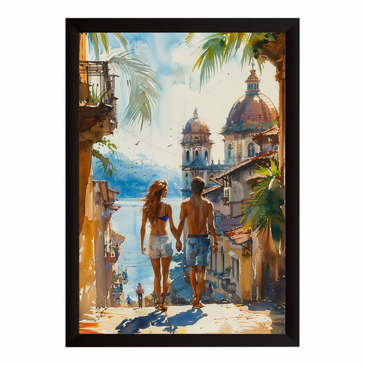 Romantic Travel Wall Art | Couple Exploring Historic City Canvas Print | Watercolor Wanderlust Illustration
