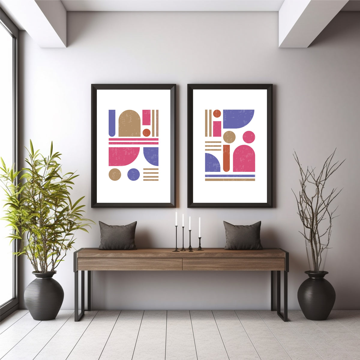 Mid Century Modern Geometric Wall Art Set of 2 | Pink Blue Abstract Prints