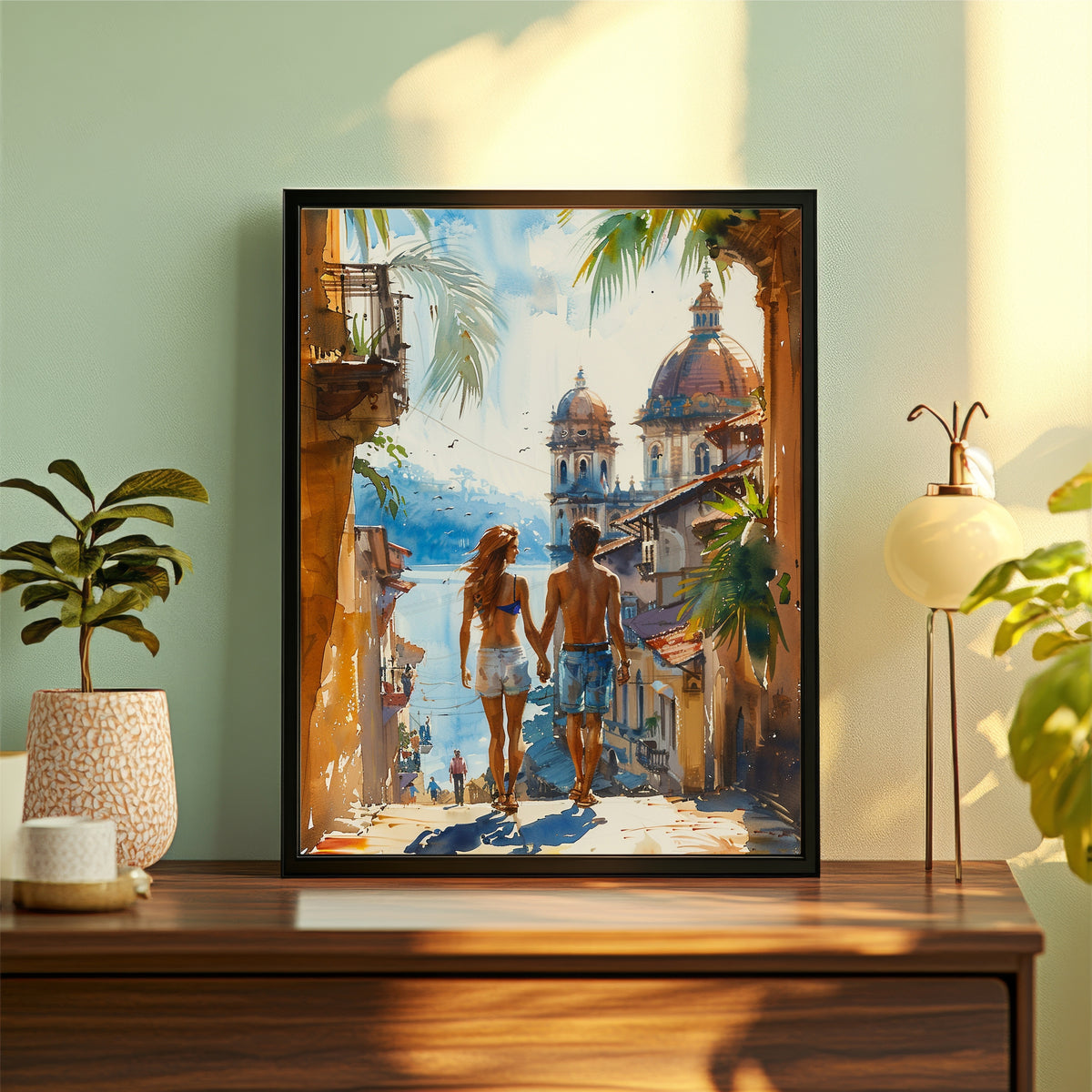 Romantic Travel Wall Art | Couple Exploring Historic City Canvas Print | Watercolor Wanderlust Illustration