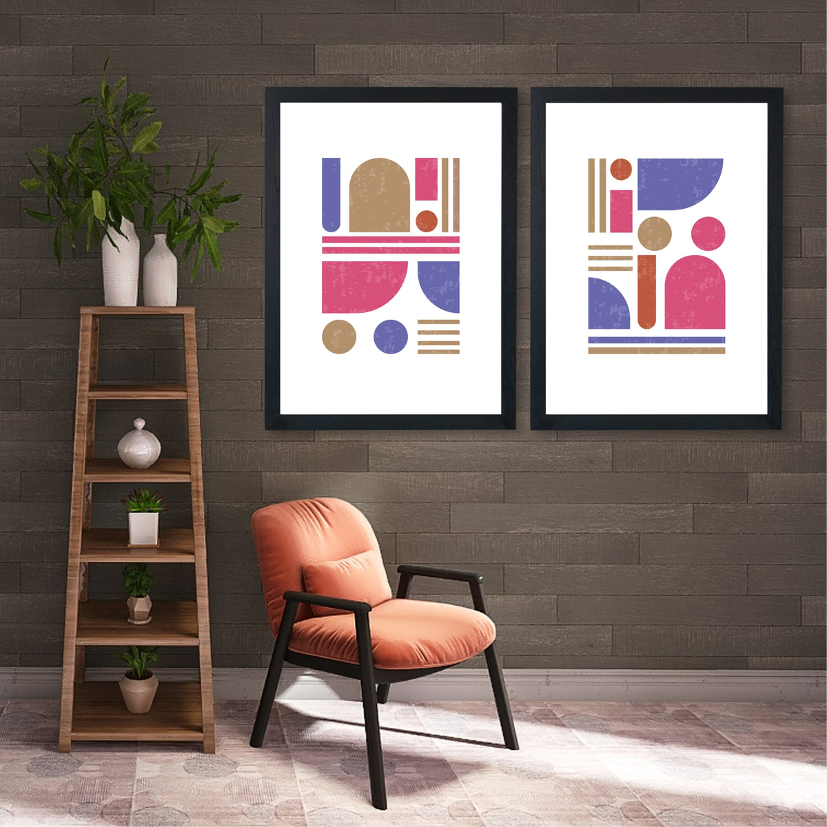 Mid Century Modern Geometric Wall Art Set of 2 | Pink Blue Abstract Prints