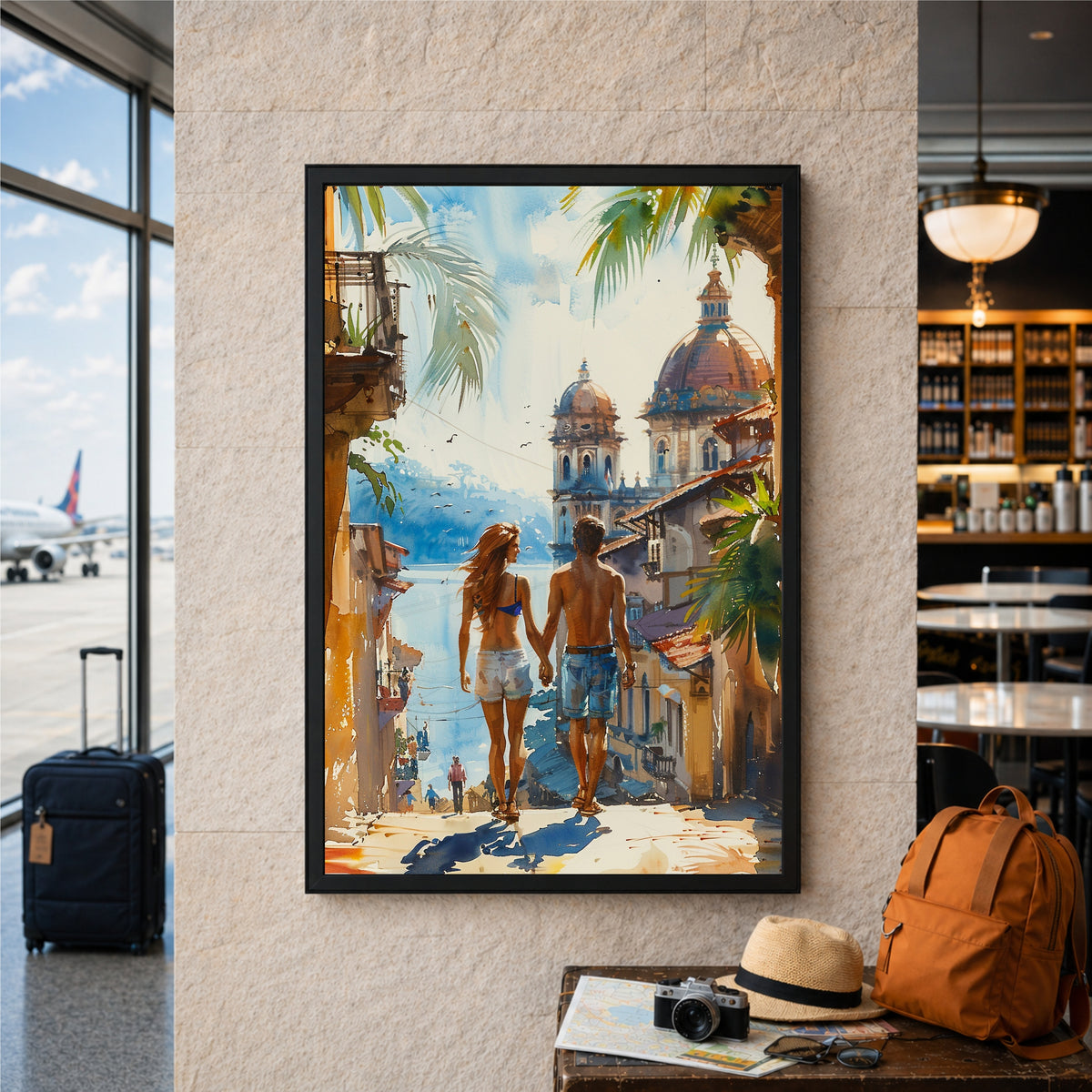 Romantic Travel Wall Art | Couple Exploring Historic City Canvas Print | Watercolor Wanderlust Illustration