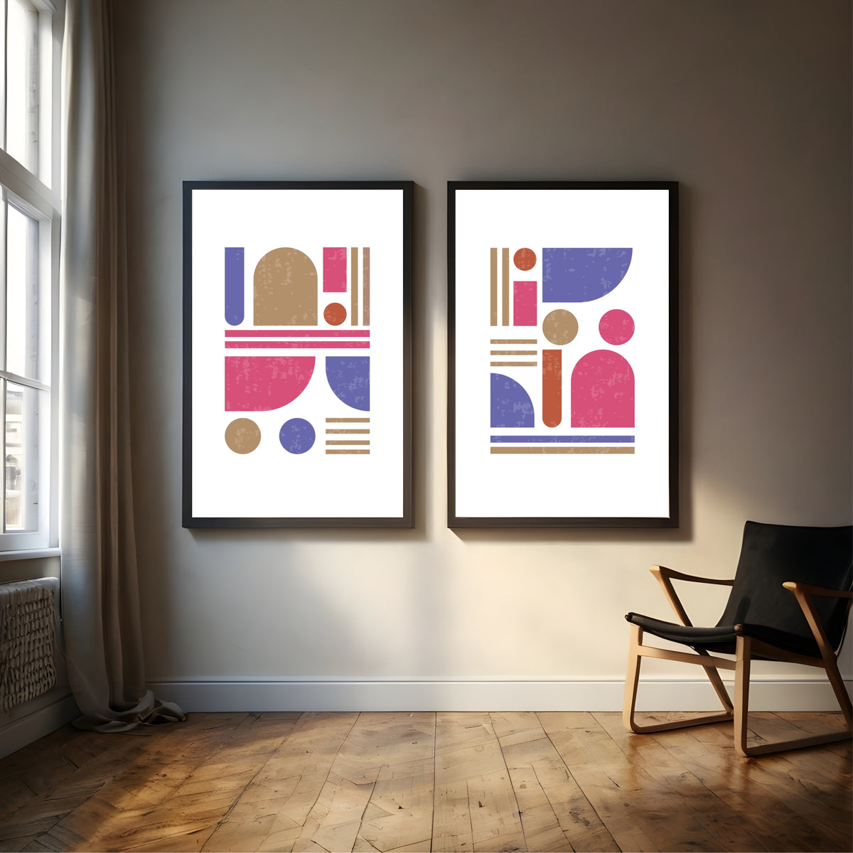 Mid Century Modern Geometric Wall Art Set of 2 | Pink Blue Abstract Prints