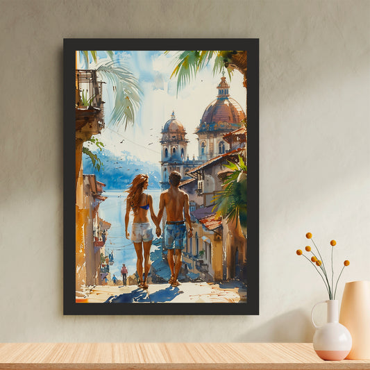 Romantic Travel Wall Art | Couple Exploring Historic City Canvas Print | Watercolor Wanderlust Illustration