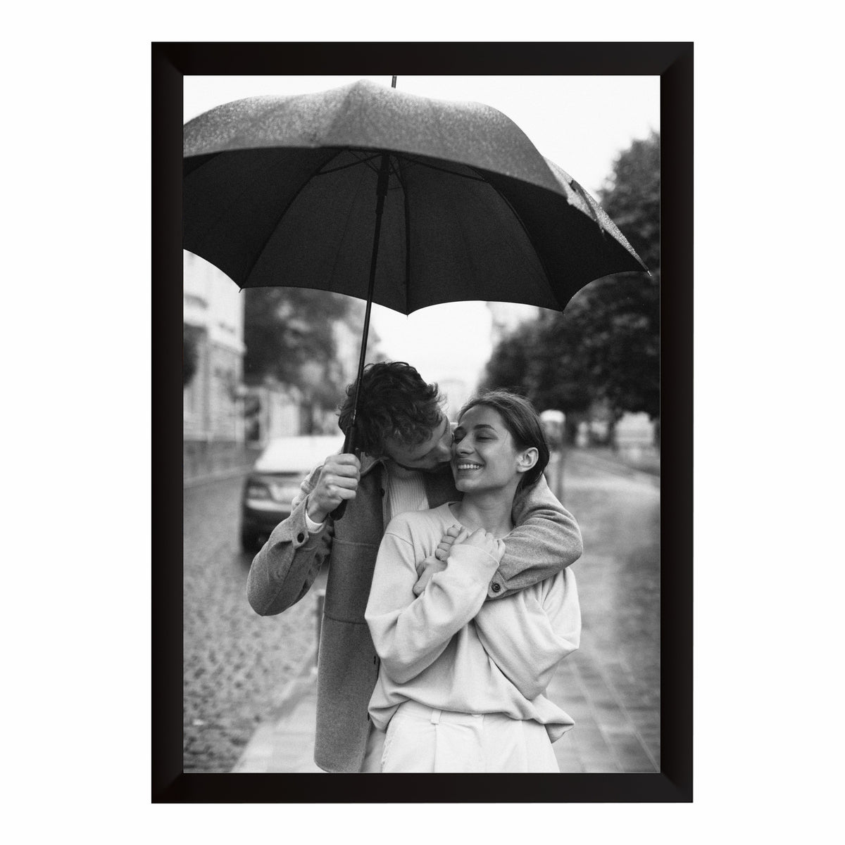 Romantic Couple Under Umbrella Wall Art | Black & White Love Photography Canvas Print | Rain Romance Wall Decor | Minimalist Couple Artwork