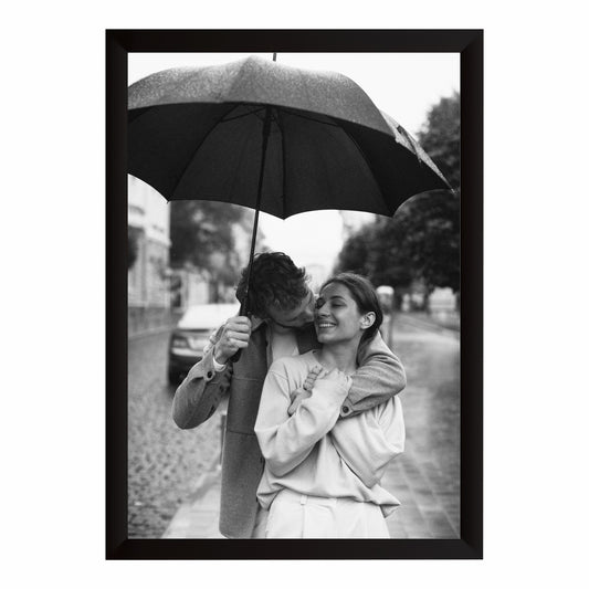 Romantic Couple Under Umbrella Wall Art | Black & White Love Photography Canvas Print | Rain Romance Wall Decor | Minimalist Couple Artwork