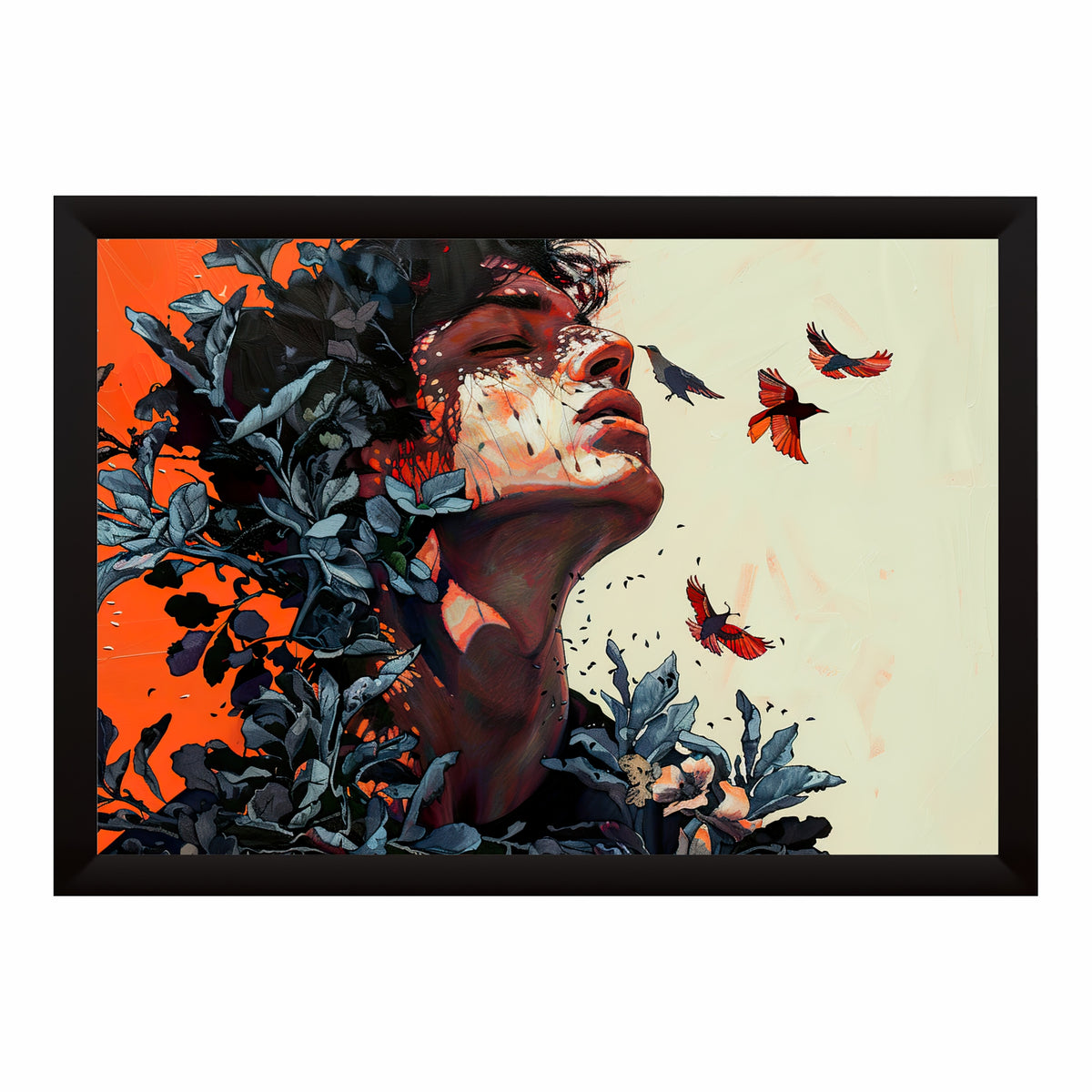 Woman & Flying Birds Wall Art | Abstract Nature Portrait | Botanical Contemporary Artwork