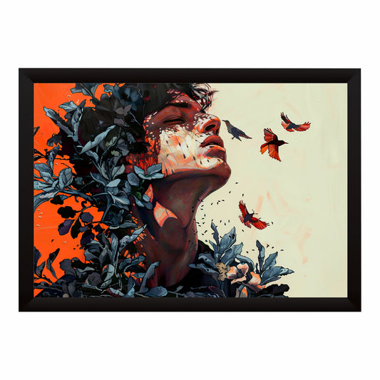 Woman & Flying Birds Wall Art | Abstract Nature Portrait | Botanical Contemporary Artwork