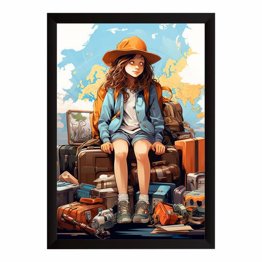 Solo Female Traveler Wall Art | Wanderlust Girl with Suitcases Canvas Print | Adventure Travel Illustration Poster