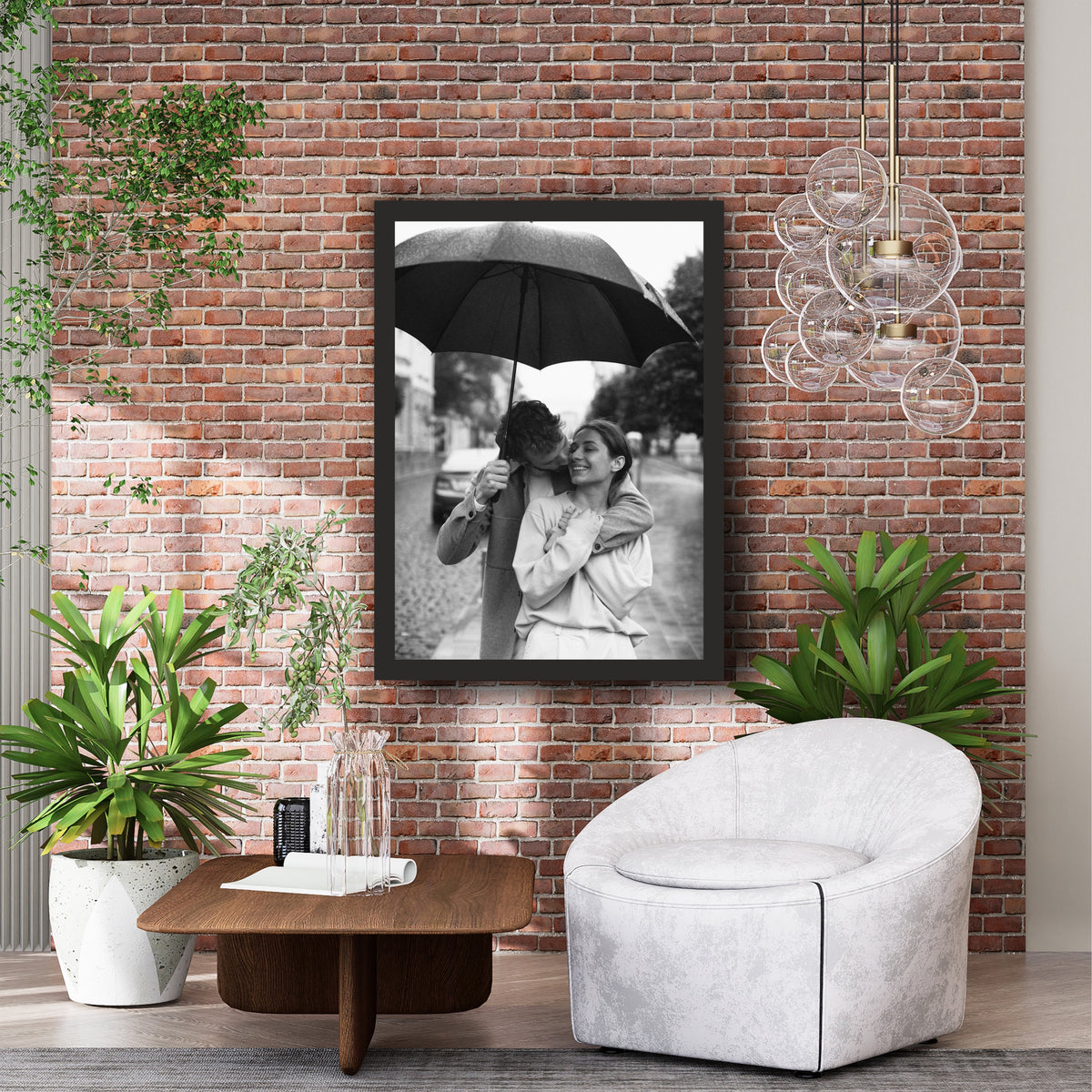 Romantic Couple Under Umbrella Wall Art | Black & White Love Photography Canvas Print | Rain Romance Wall Decor | Minimalist Couple Artwork