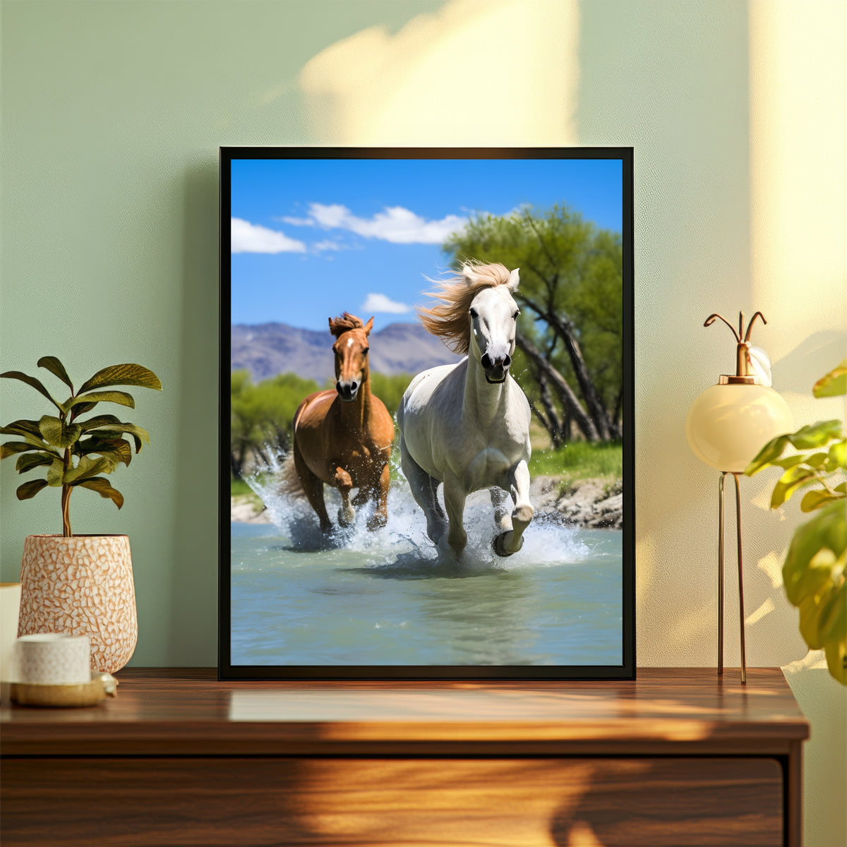 Horse Wall Art | Running Horses in Water Artwork | Framed Horse Photography | Nature & Wildlife Decor