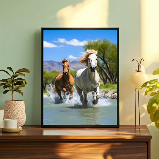 Horse Wall Art | Running Horses in Water Artwork | Framed Horse Photography | Nature & Wildlife Decor