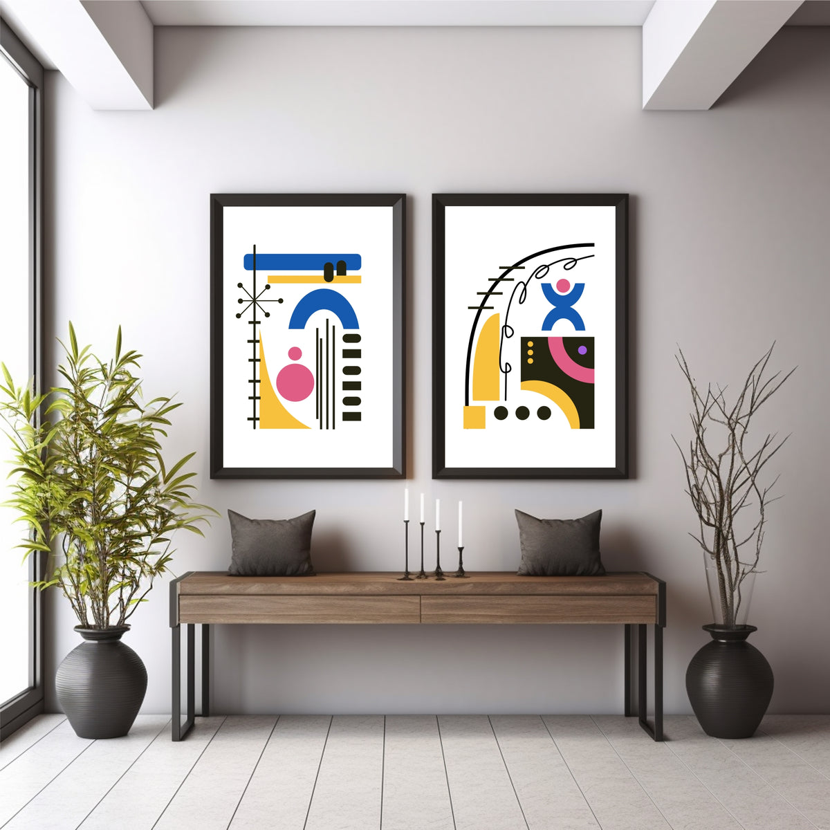 Mid Century Modern Abstract Wall Art Set of 2 | Colorful Geometric Retro Prints
