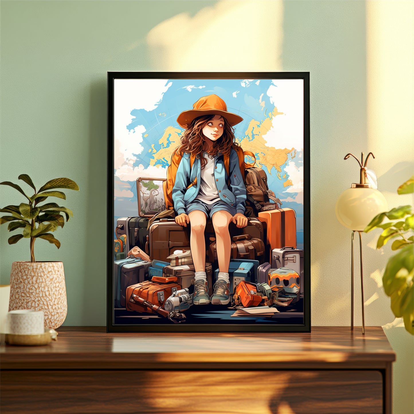 Solo Female Traveler Wall Art | Wanderlust Girl with Suitcases Canvas Print | Adventure Travel Illustration Poster