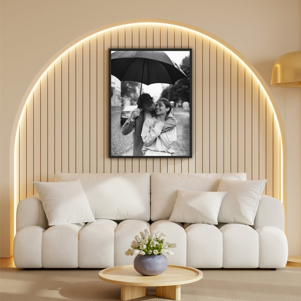Romantic Couple Under Umbrella Wall Art | Black & White Love Photography Canvas Print | Rain Romance Wall Decor | Minimalist Couple Artwork
