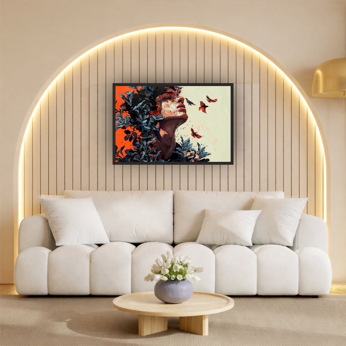 Woman & Flying Birds Wall Art | Abstract Nature Portrait | Botanical Contemporary Artwork