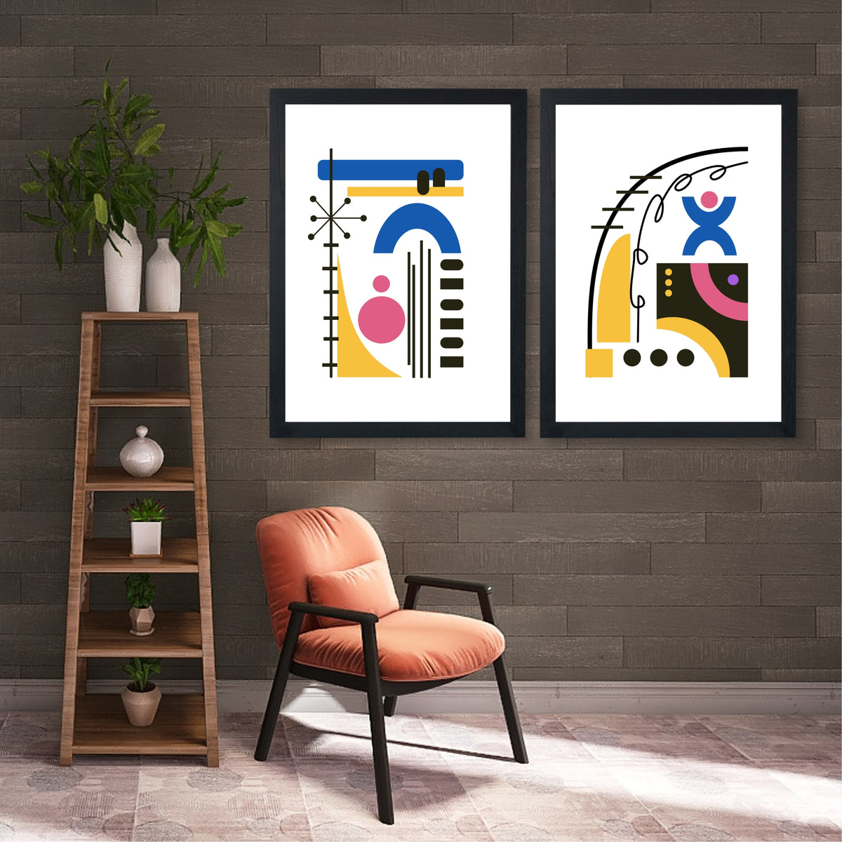 Mid Century Modern Abstract Wall Art Set of 2 | Colorful Geometric Retro Prints