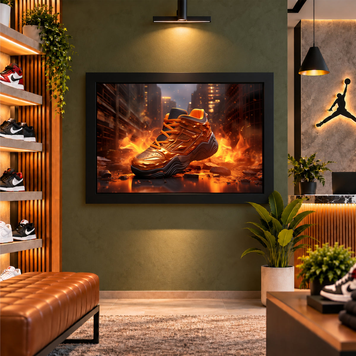 Orange Sports Shoe Wall Art | Metallic Sneaker Artwork | Gym & Sports Decor