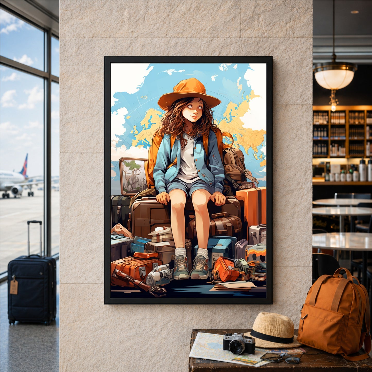 Solo Female Traveler Wall Art | Wanderlust Girl with Suitcases Canvas Print | Adventure Travel Illustration Poster