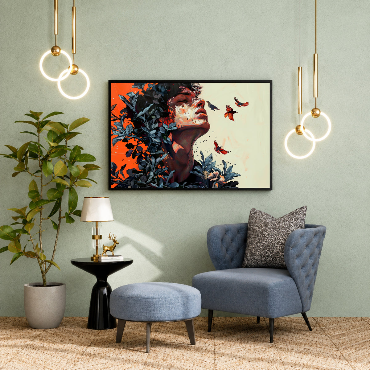 Woman & Flying Birds Wall Art | Abstract Nature Portrait | Botanical Contemporary Artwork