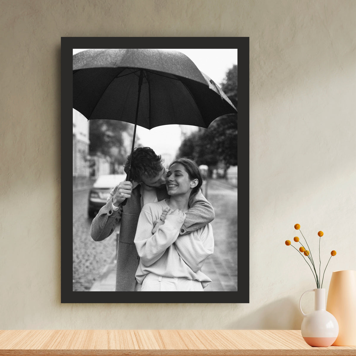 Romantic Couple Under Umbrella Wall Art | Black & White Love Photography Canvas Print | Rain Romance Wall Decor | Minimalist Couple Artwork